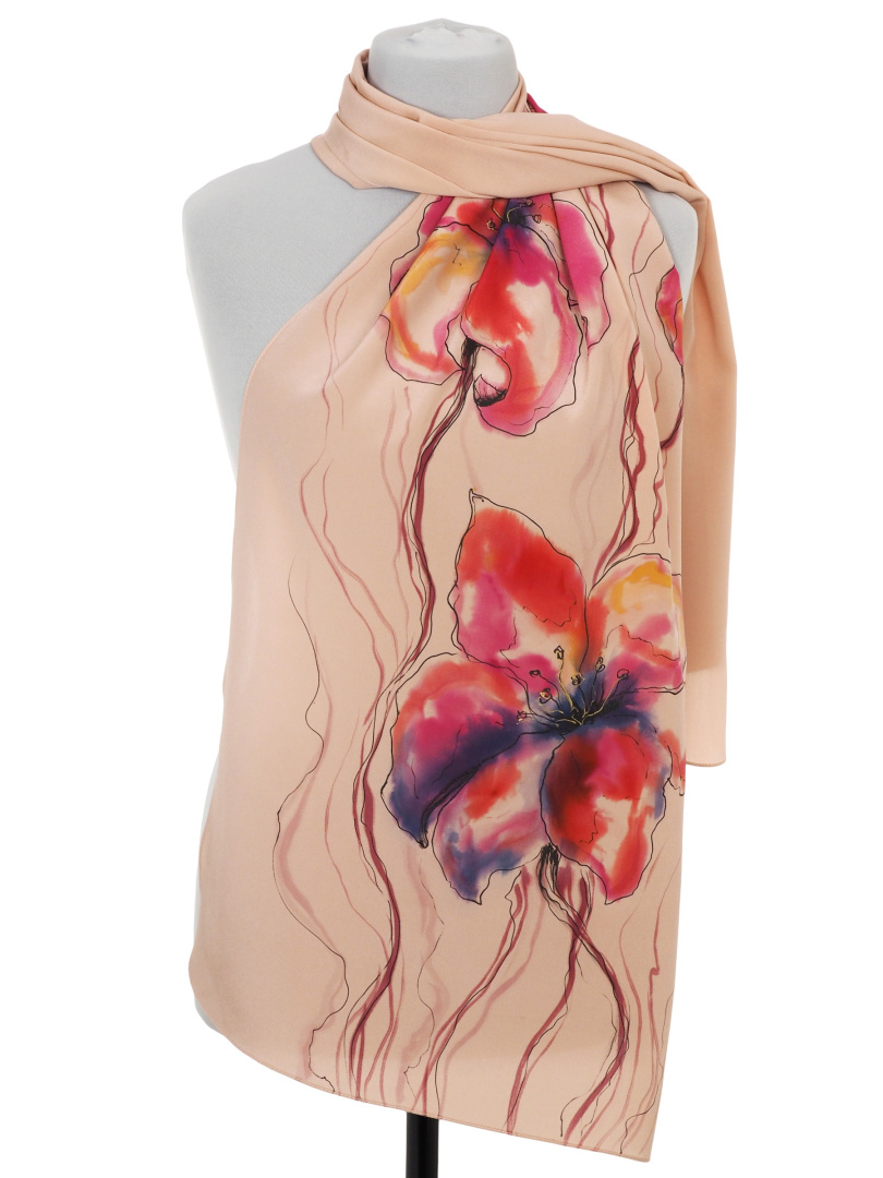 SZ-011 Jedwabny Szal Ręcznie Malowany, 170x45 cm